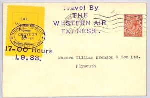 GB AIR MAIL FIRST FLIGHT Cover WESTERN AIR EXPRESS *IAL*Stamp 1933 Plymouth ZE22
