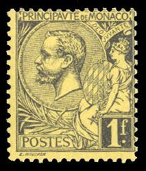 Monaco #26 Cat$19, 1891 1fr black on yellow, hinged