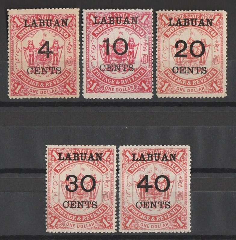 LABUAN 1895 Arms $1 Surcharge set 4c-40c.