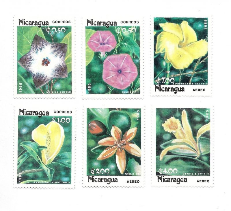 NICARAGUA 1985 FLOWERS SET OF 6 VALUES MINT NEVER HINGED SCOTT 1454/59