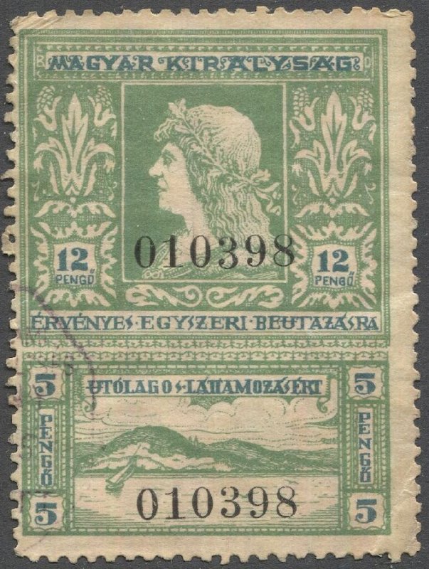 HUNGARY 1930 Scarce Ervenyes (Visa) Revenue Bft 3 F-VF, Used 12P+5P, cv £50