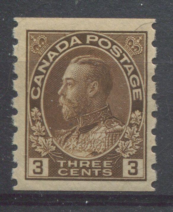 Canada #129 3c Deep Dull Brown 1911-27 Admiral Perf. 8 Vert Wet Ptg -  VF-75 LH