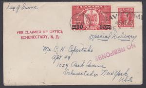 Canada Sc E9 FDC. 1939 10c on 20c Special Delivery, uprated to Schenectady, NY