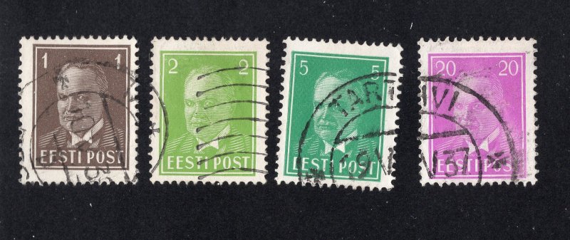 Estonia 1936 1s, 2s, 5s, & 20s Pats, Scott 117-118, 121, 128 used, value = $1.60