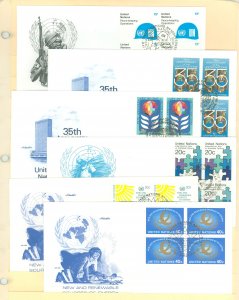 United Nations 320/322-23/344/348-4 1980-81 Peace keeping, 35th anniversary, disabled, renewable energy FDCs, artmaster cachets;