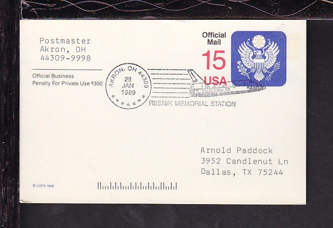 US Challenger,Resnik Memorial Station 1987 Cancel Cover BIN