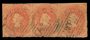 CHILE 1862 COLUMBUS - Estancos - 5c carmine  Scott # 9a used SUPERB STRIP of 3