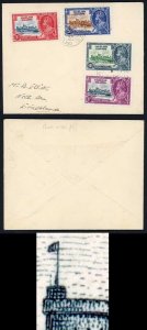 Falkland Is SG142b 1935 Silver Jubilee 1/- Short Extra Flagstaff on Cover