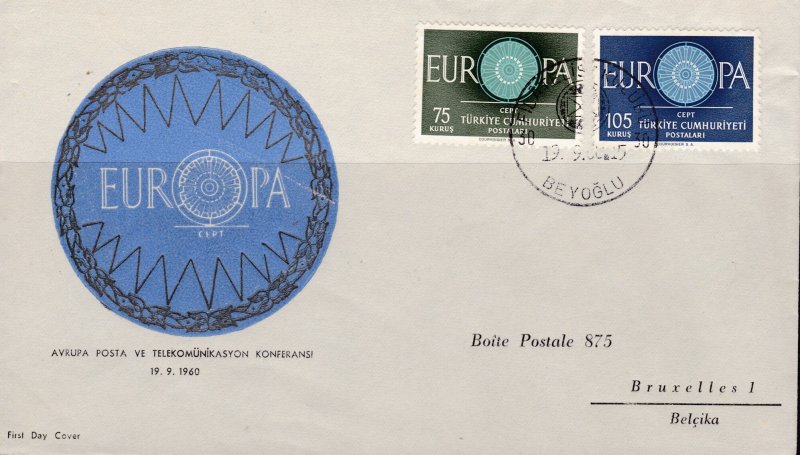 Turkey 1960 Europa on Clean Addressed FDC Color Cachet  VF