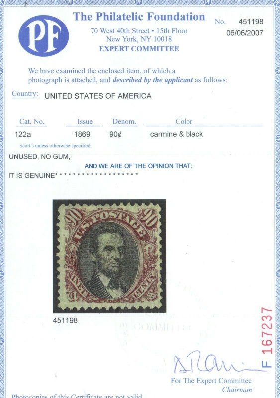 USA #122a Very Fine Mint Unused (No Gum) **With Certificate**