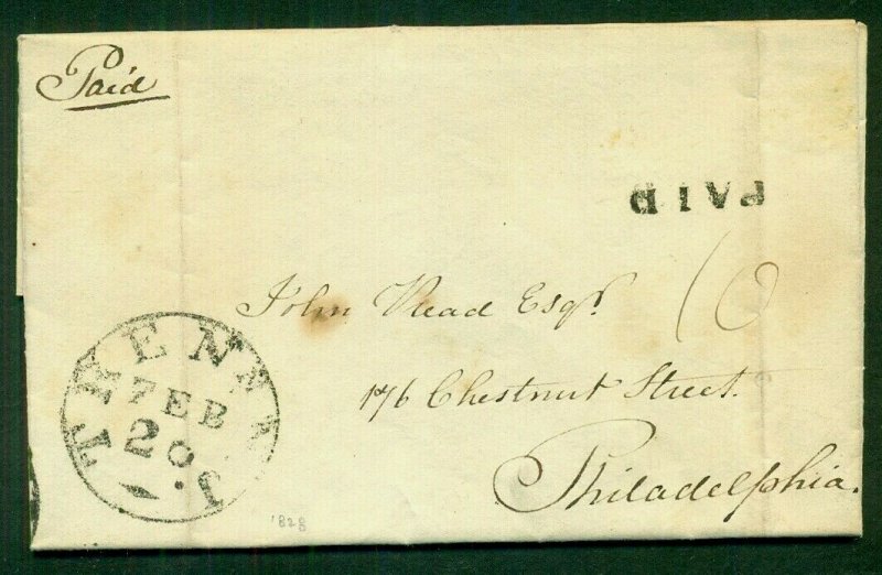 NEW JERSEY, TREN NJ cancel & PAID in black on 1828 folded letter to Phila, VF