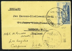 LEBANON-US 1949 AIRMAIL COVER TO LONDON REROUTED TO LOS