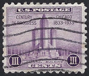 United States #729 3¢ Chicago 100th Anniversary (1933). VF centering. Used.