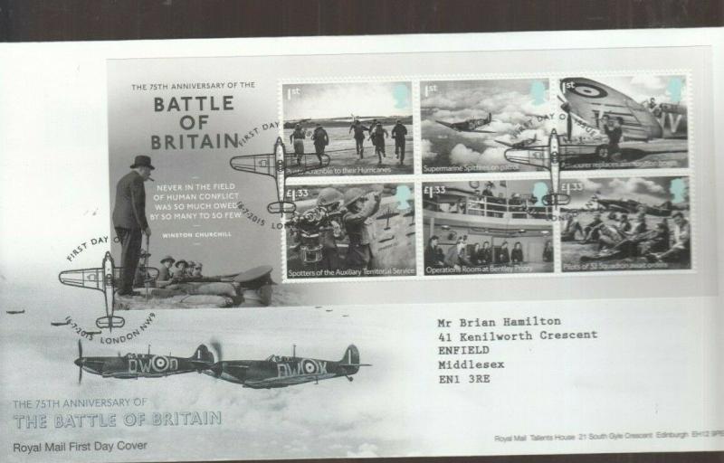 2015 BATTLE OF BRITAIN MINI SHEET FDC. DECORATIVE HURRICANE CANCEL 