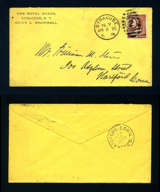 # 210 on cover from The Hotel Burns, Syracuse, NY  to Hartford, CT - 4-11-1885