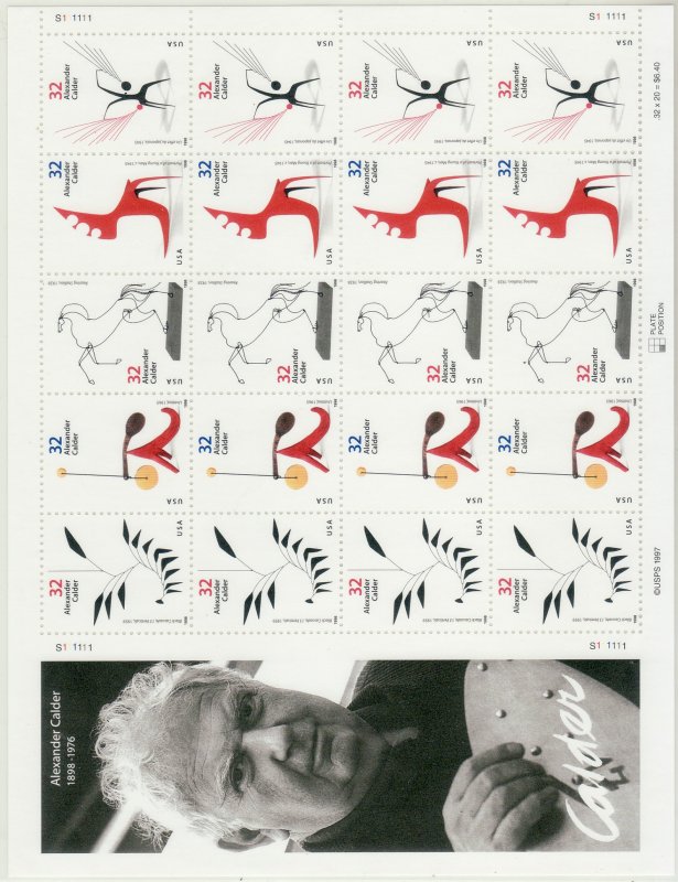 1998 U.S 32¢ Alexander Calder complete sheet of 20 MNH Sc# 3198 / 3202