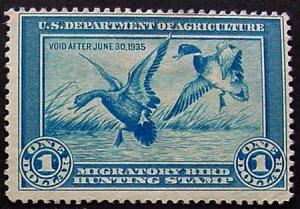 USA, Scott RW1, Duck Stamp, Mint, with partial OG