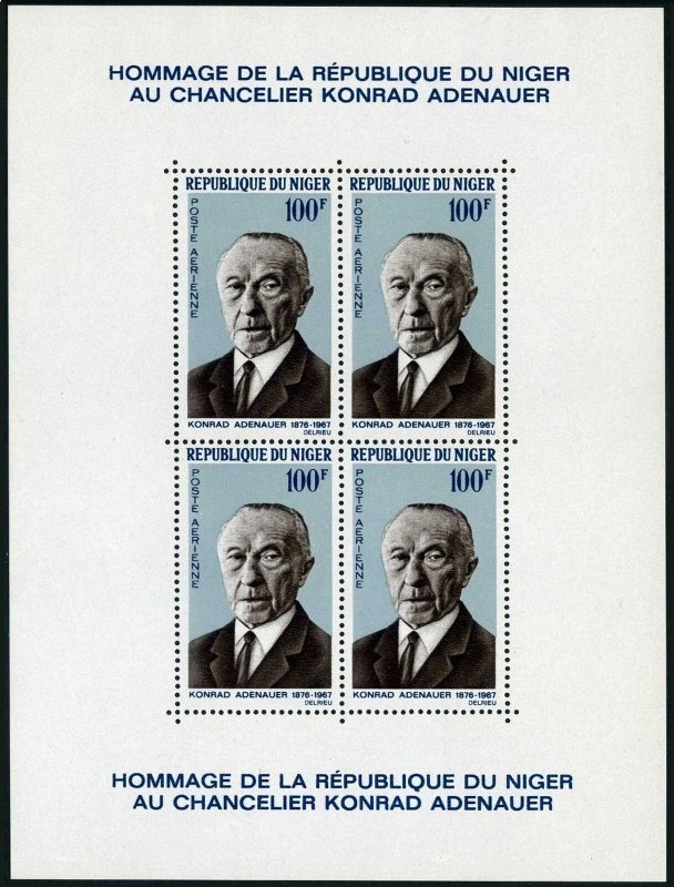 Niger C74a sheet, MNH. Mi Bl.4. Chancellor Konrad Adenauer, West Germany, 1967.