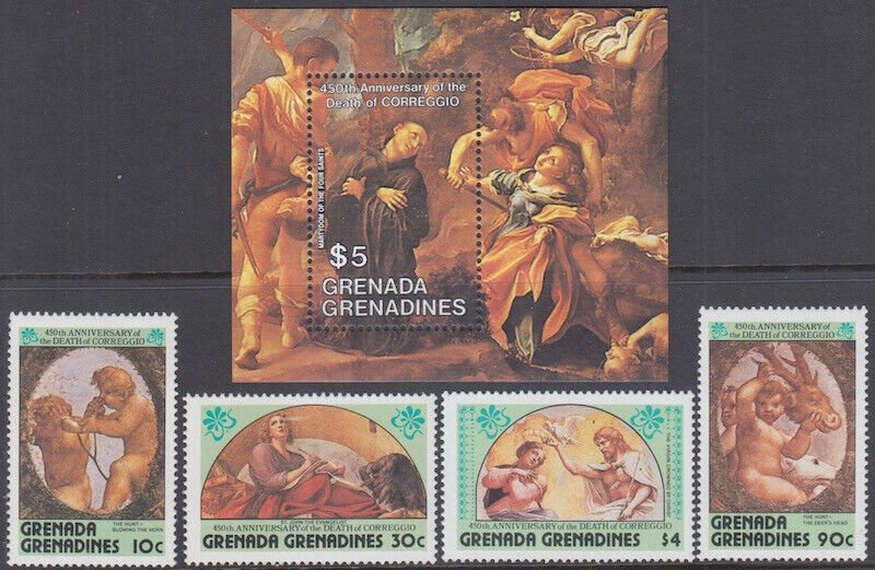 GRENADA GRENADINES Sc #606-10 CPL MNH SET of 4 + S/S - PAINTINGS by CORREGGIO