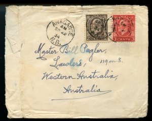 ?1934 ANAGANCE, N.B. cds 5c rate to Australia, 3c + 2c  cover Canada