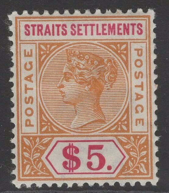 MALAYA STRAITS SETTLEMENTS SG105 1898 $5 ORANGE & CARMINE MTD MINT