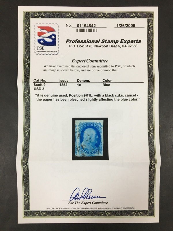 MOMEN: US STAMPS #9 IMPERF POS 9R1L USED XF-SUP JUMBO PSE CERT LOT #89553