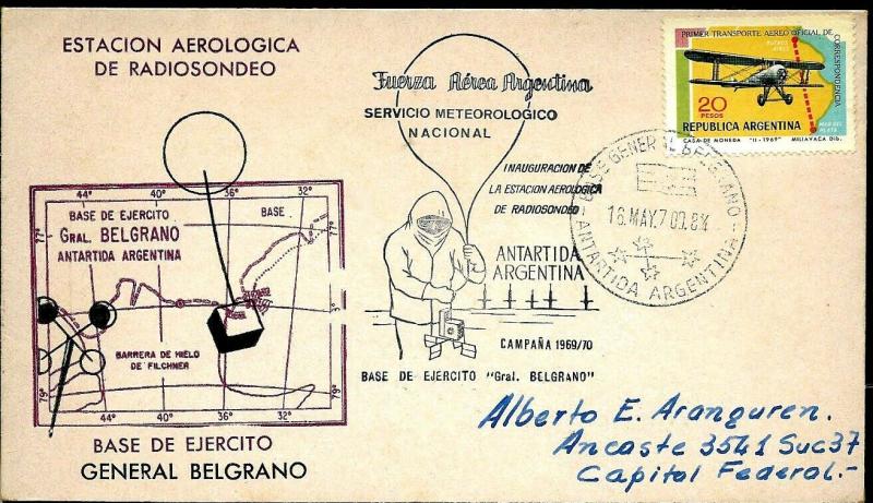 AANT-176 ANTARCTIC ANTARCTICA 1970 ARGENTINA METEOROLOGY BELGRANO STATION COVER 