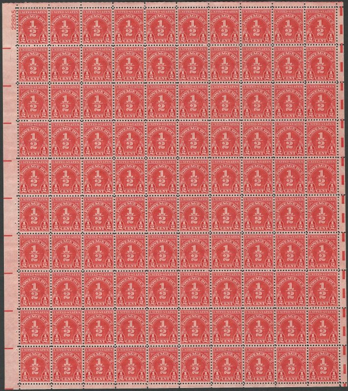 U.S. #J79 ½¢ Postage Due Perf 11x10½ Complete Sheet of 100, Mint Never Hinged