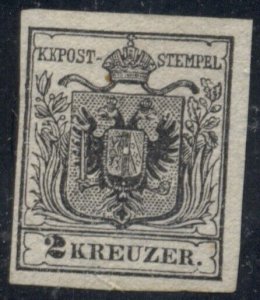 AUSTRIA #2 2kr black, unused no gum, full margins, VF, Scott $1,375.00