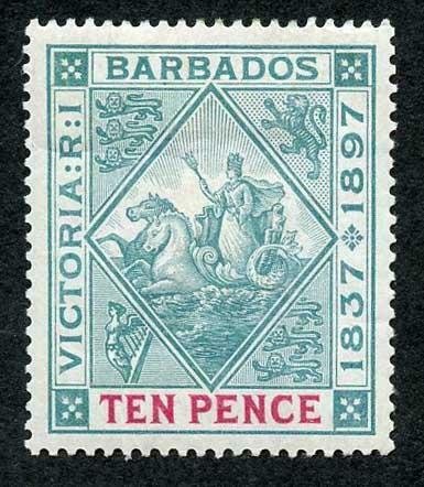 Barbados SG123 1897 10d Diamond Jubilee white paper M/M (part gum) Cat 75 pounds