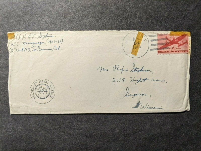 USS NARRAGUAGAS AOG-32 Naval Cover 1945 Censored Sailor's Mail RYUKYU ISLANDS