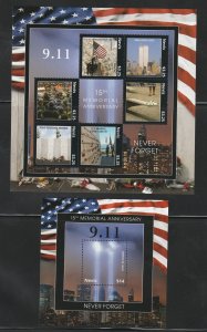 Nevis 2016 9/11 World Trade Center 15th Anniv., Scott 1906-1908 MNH M/S, S/S