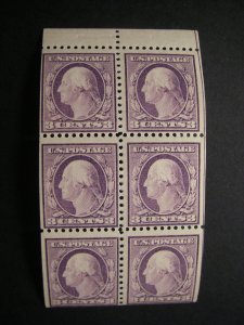 Scott 501b, 3c Washington, pane of 6 with tab, Pos H, MNH Early Booklet, CV $125