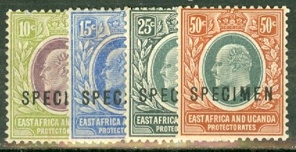 B: East Africa & Uganda 34, 36-8 mint SPECIMEN overprints (Gibbons x2.5) CV $215