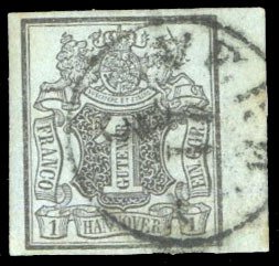 German States, Hanover #1 Cat$50, 1851 1sg black on gray blue, sheet margin a...