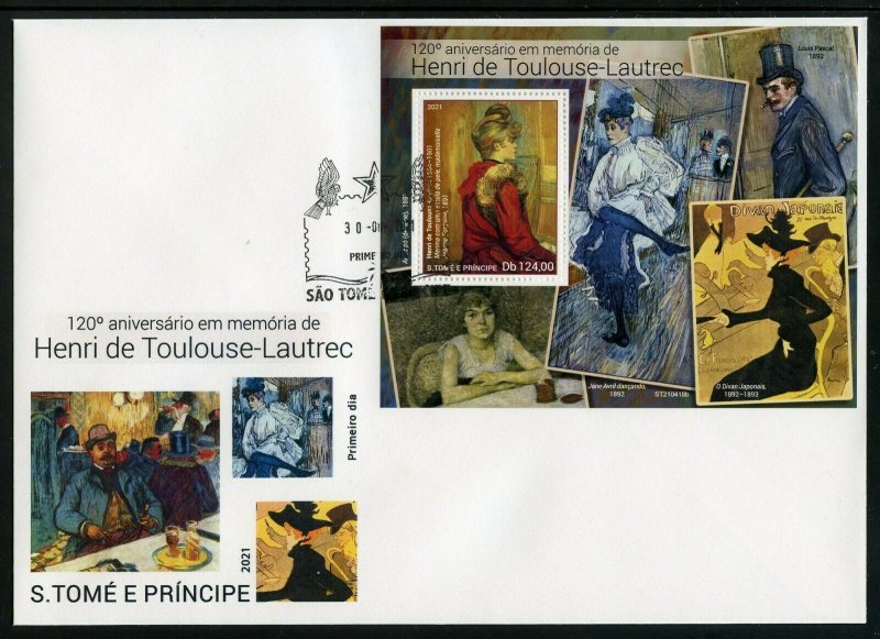 SAO TOME 2021 120th MEMORIAL OF HENRI TOULOUSE-LAUTREC PAINTINGS S/S FDC