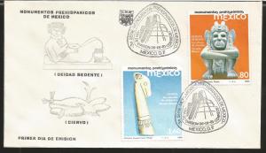 A) 1981 MEXICO, DEITY SEDENT, DEER HEAD, MAIN TEMPLE, PYRAMID, PREHISPANIC MONUM