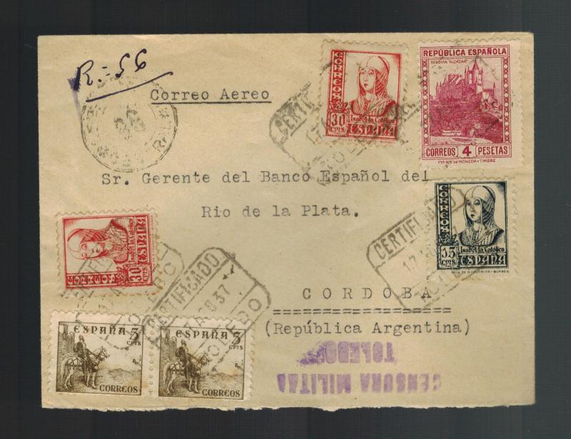 1937 Spain Civil War Censored Cover to Sanus Argentina bank of La Plata