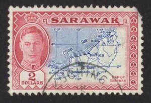Sarawak Sc# 193 Used corner tear 1950 $2 rose carmine & blue  KGVI Map