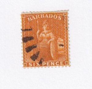 BARBADOS Sct # 55a VF-LIGHTLY USED BRITANNIA 6p  CAT VALUE $217.50