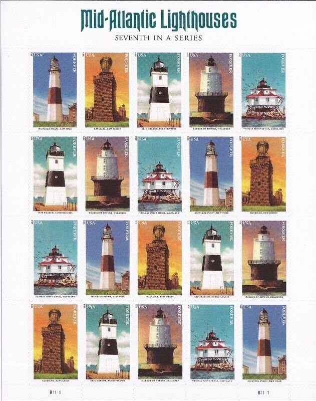 US Stamp - 2021 Mid-Atlantic Lighthouses 20 Stamp Sheet #5621-5