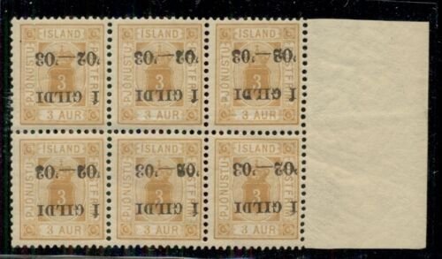 ICELAND #O20bv (Tj21av1) 3aur brown orange NH Mgn Blk 6 w/INV OVPT Svendsen cert 