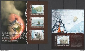 2014 Guinea Animals Fauna Global Warming Polar Bears Kb+Bl ** Stamps St679