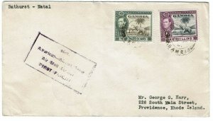 Gambia 1941 Bathurst cancel on first flight cover to Natal (Brazil)