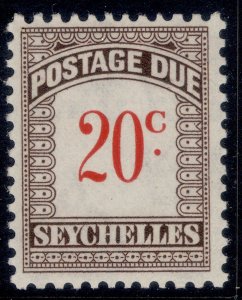 SEYCHELLES QEII SG D7, 20c scarlet & brown, NH MINT.