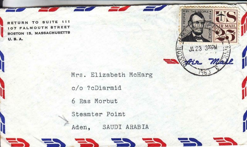 1963, Boston, MA to Aden, Saudi Arabia, Airmail, See Remark (37435)