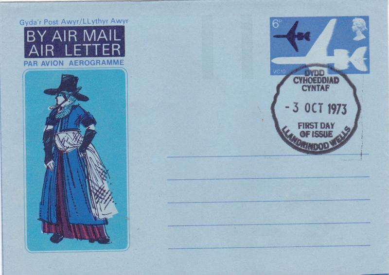 GB 1973 Welsh Dress 6p Air letter First Day of Issue VGC