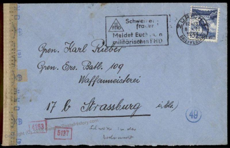 3rd Reich Swiss Volunteer Heimat-Front Feldpost Cover France 70280