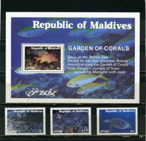 MALDIVES 1980 FISH & MARINE LIFE SET OF 3 STAMPS & S/S MNH
