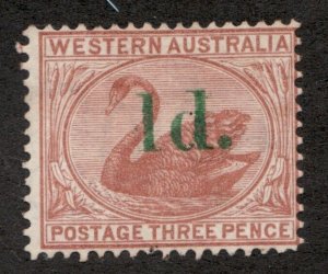 1885 Western Australia Sc#57, pf14, Wmk 1, 1p on 3p, Red Brown Swan. MH Cv$90